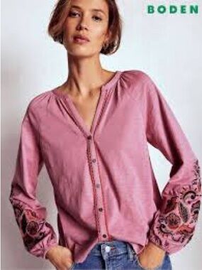 Boden Alma cotton pink v-neck Embroidered Long Sleeve Top.